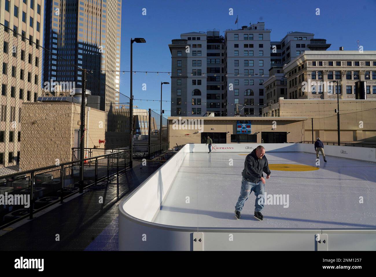 Resident Skim McAdams skates on the new rooftop rink at Kaufmann's