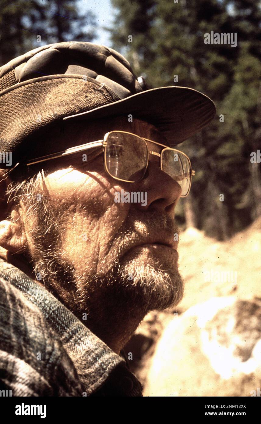 1970s United States:  John Luman, builder of logging roads since 1945, man with scraggly beard and wearing glasses  ca.  1972 Stock Photo