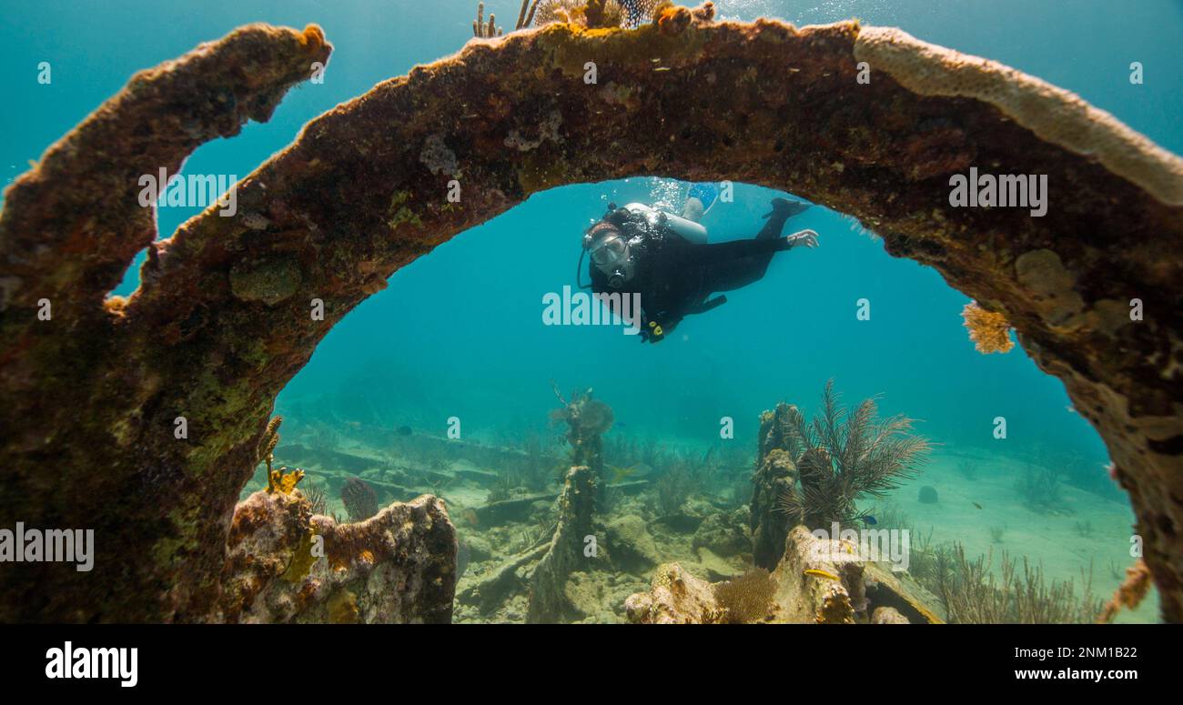 Here, a diver explores the wreck of the City of Washington in Florida Keys National Marine Sanctuary ca. 3 January 2017 Stock Photo