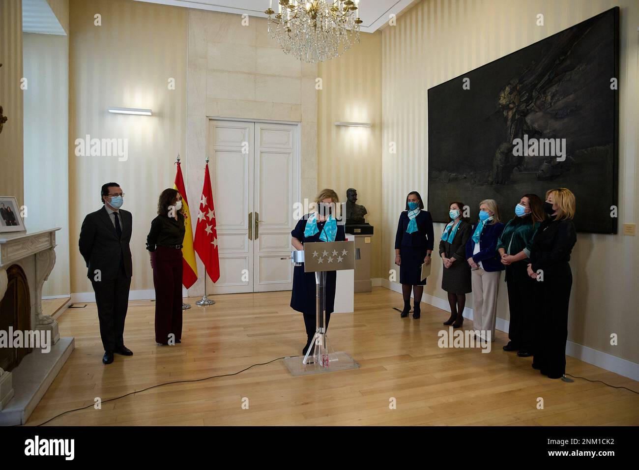 The president of ASEME Businesswomen, Eva Serrano Clavero, speaks at the ceremony in which the 2021 Honor Award was presented to the president of the Community of Madrid, at the Real Casa de Correos, on January 17, 2022, in Madrid, (Spain). The award has been granted by the Spanish Association of Women Entrepreneurs (ASEME), an interprofessional organization created in 1971. 17 JANUARY 2022;CASA DE CORREOS;ASEME;AYUSO Jesús Hellín / Europa Press 01/17/2022 (Europa Press via AP) Stock Photo
