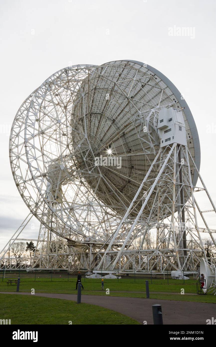 The giant Lovell radio telescope at Jodrell Bank site, Cheshire, UK. The frame supporting the dish is seen clearly from behind / reverse / side. (133) Stock Photo
