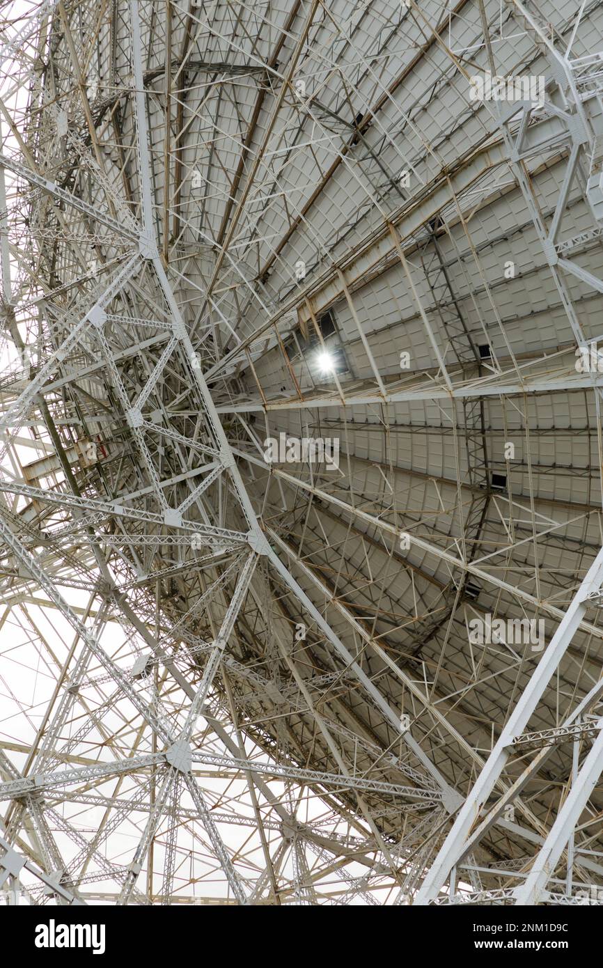 The giant Lovell radio telescope at Jodrell Bank site, Cheshire, UK. The frame supporting the dish is seen clearly from behind / reverse / side. (133) Stock Photo