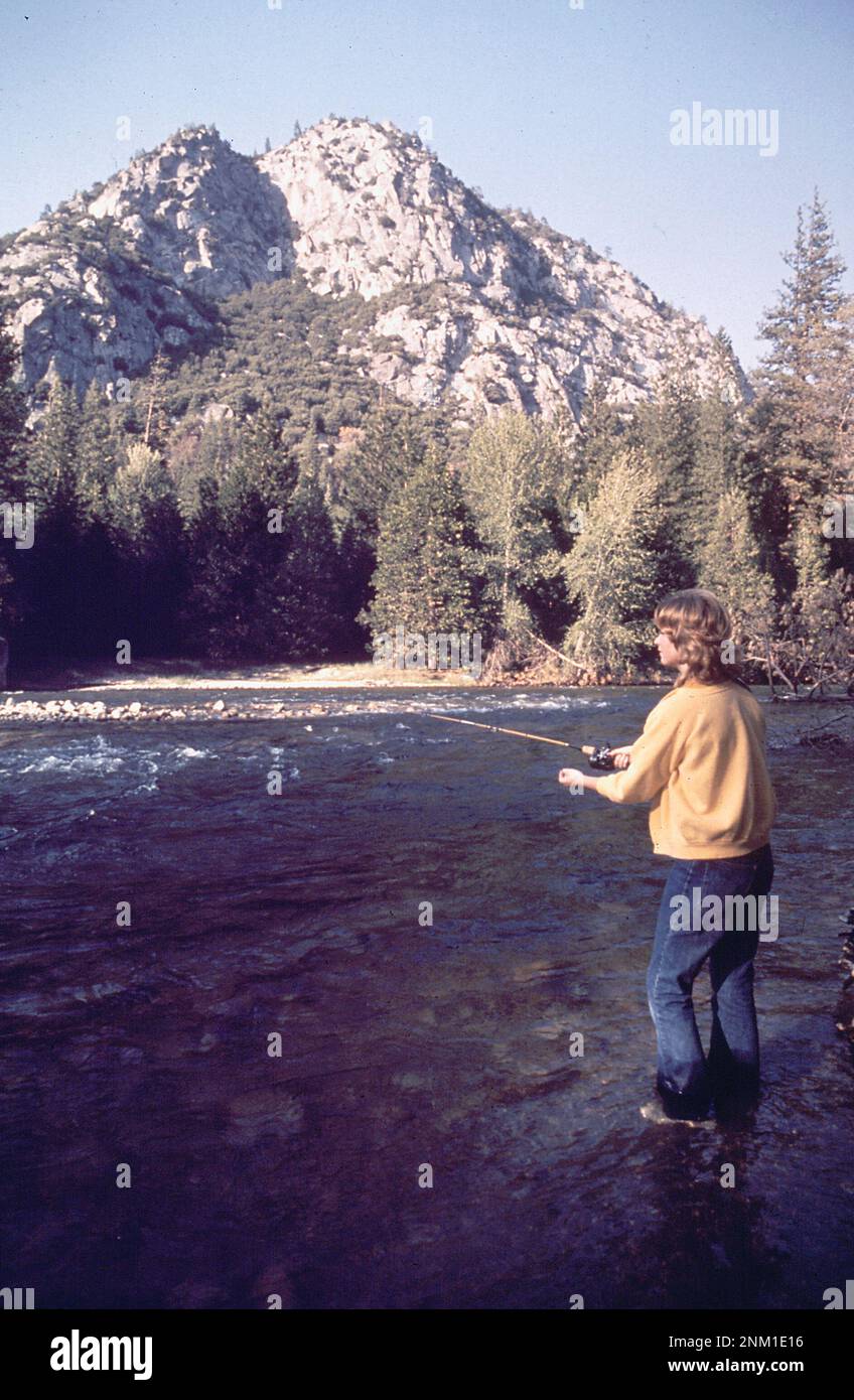 1970s United States Fly fishing in a river in the Sequoia and Kings Canyon national park ca