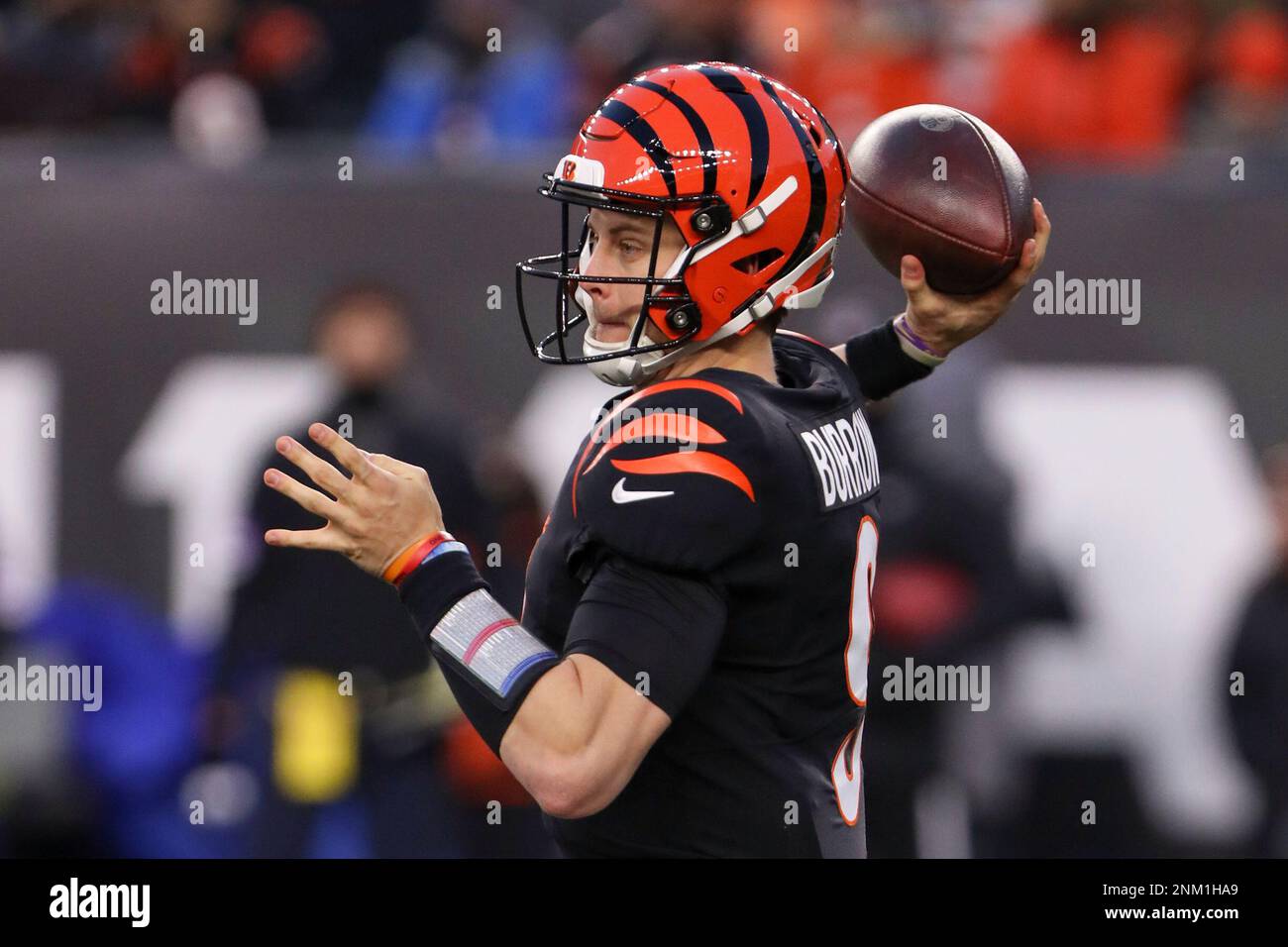 Saturday January 15, 2022: Cincinnati Bengals quarterback Joe Burrow (9)  throws the ball during the NFL AFC Wildcard Playoff game between the Las  Vegas Raiders and the Cincinnati Bengals at Paul Brown