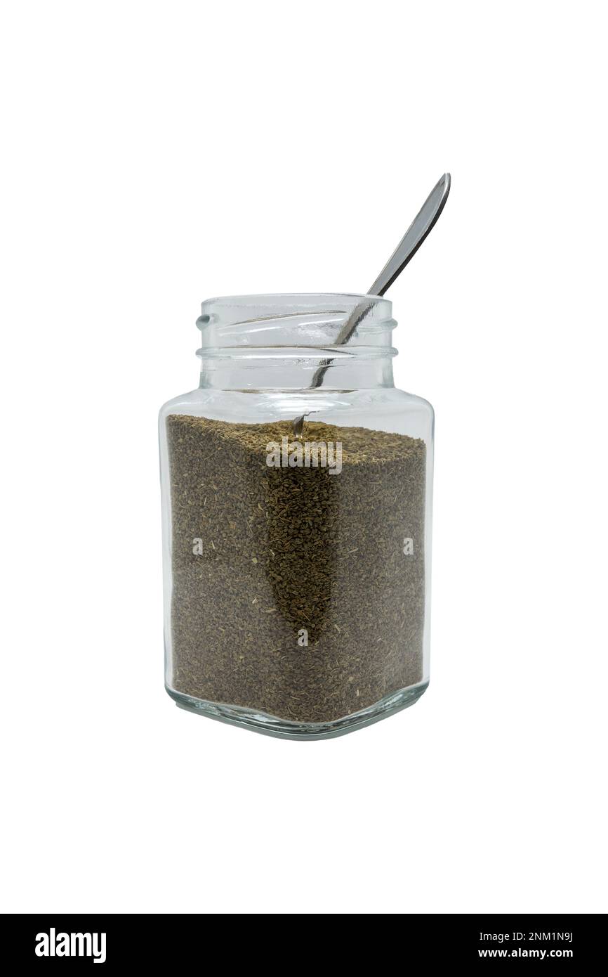 https://c8.alamy.com/comp/2NM1N9J/celery-seeds-in-a-glass-jar-with-the-spoon-isolated-on-white-with-clipping-path-2NM1N9J.jpg