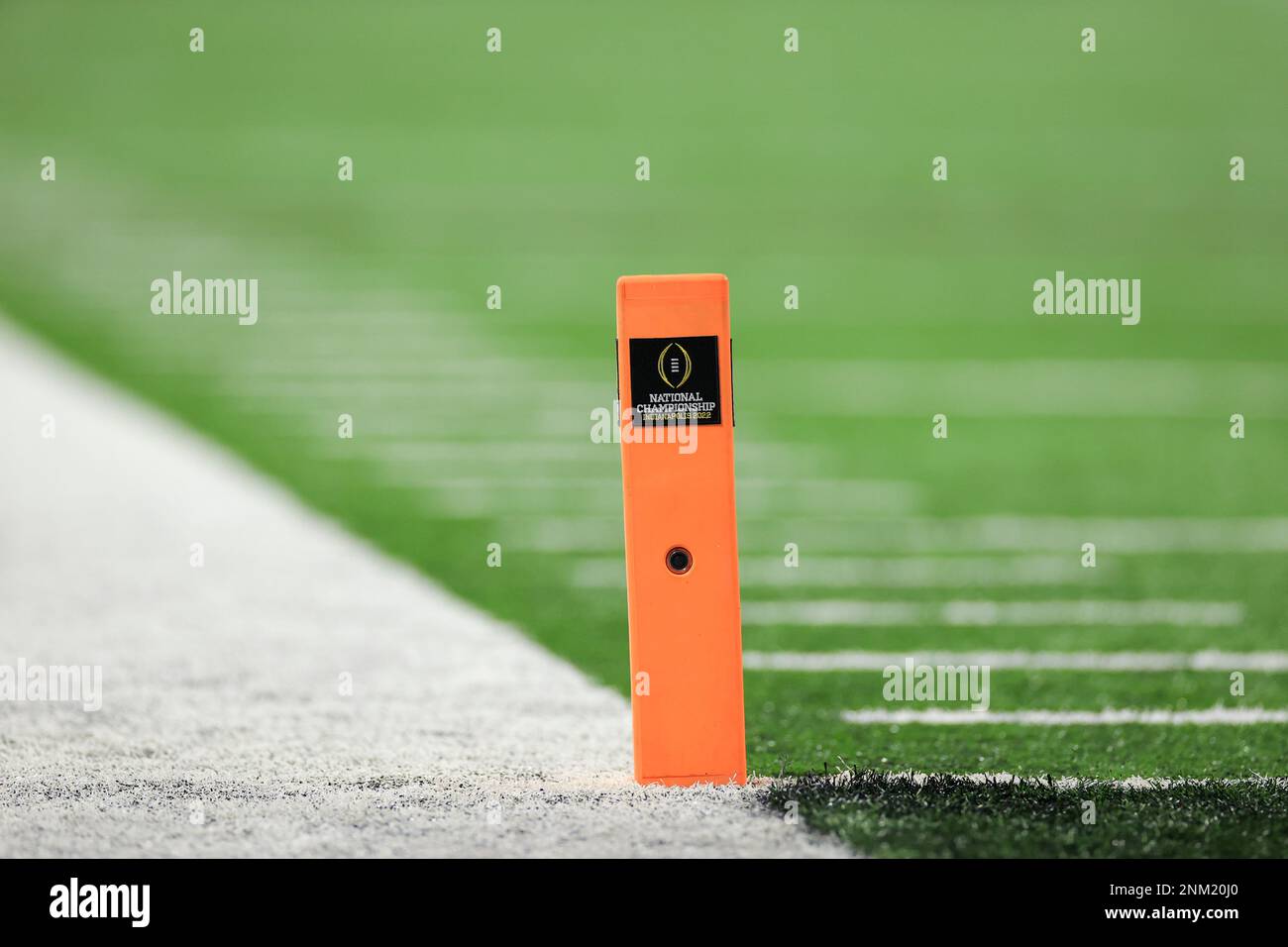 The end zone pylon is seen during the College Football Playoff