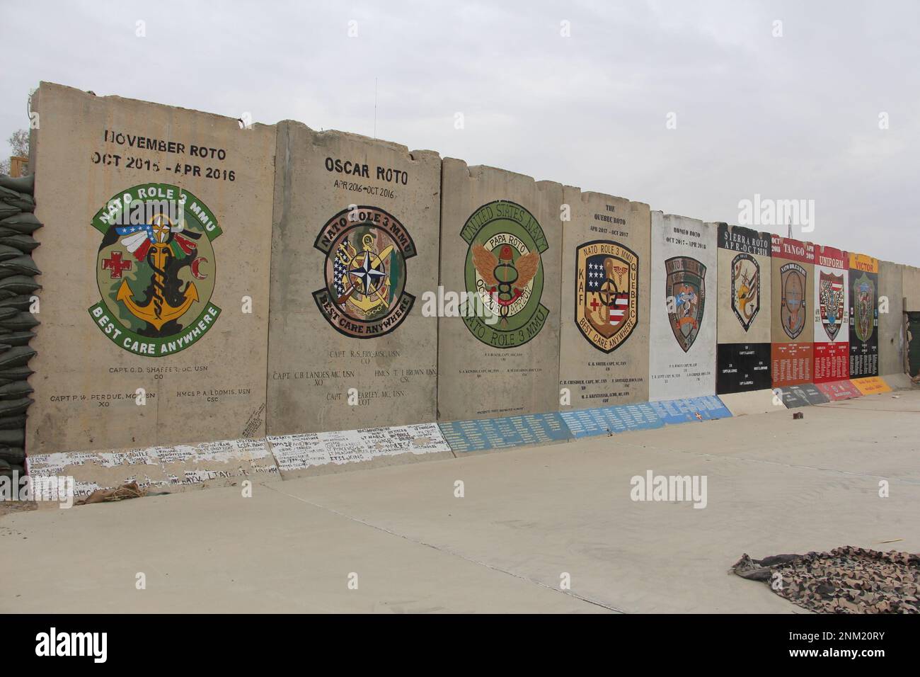 NATO Role 3 Multinational Medical Unit (MMU) Legacy Walls at Kandahar Airfield. When Navy Medicine turned over the hospital to an Army team in 2020, the walls were white-washed clean. ca. 2020 Stock Photo
