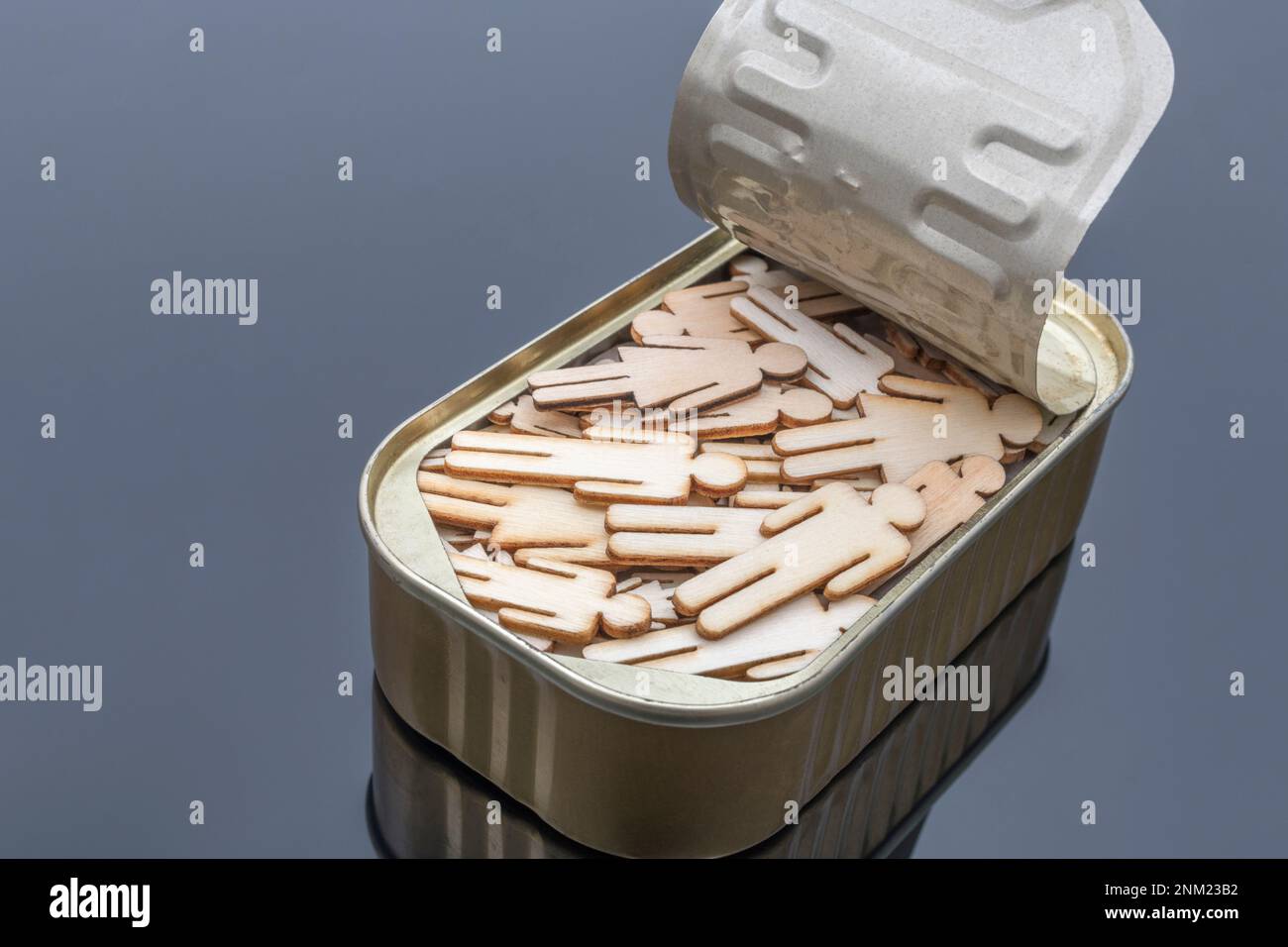 Lasercut wooden male and female shaped packed into a metal sardine can