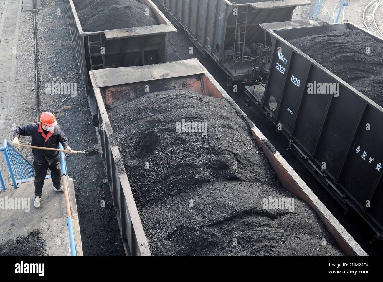 A worker shovels up coal on a freight train for quality inspection at a