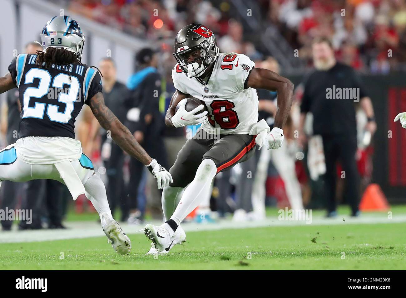 TAMPA, FL - JANUARY 9: Tampa Bay Buccaneers Wide Receiver Breshad Perriman  (16) runs with the ball after making the catch during the regular season  game between the Carolina Panthers and the