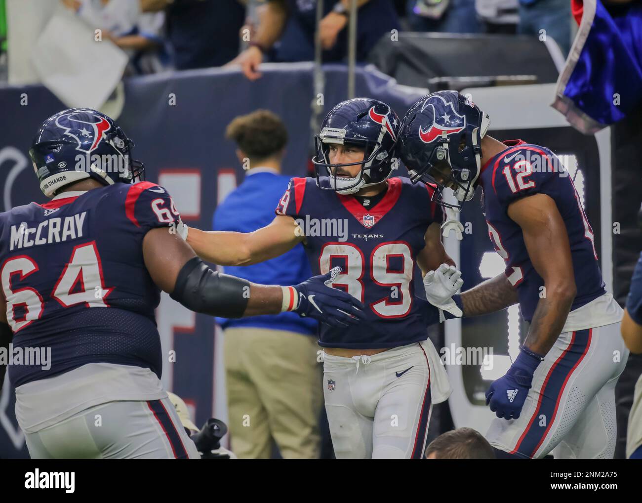 Houston Texans offensive lineman Justin McCray (64) lines up over the ball  for the snap during an NFL football game against the Los Angeles Rams,  Sunday, Oct. 31, 2021, in Houston. (AP