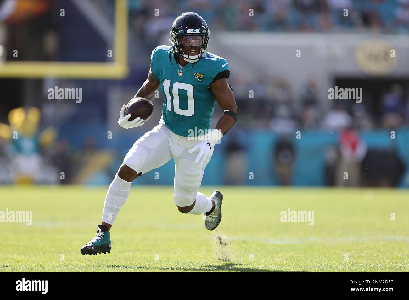 JACKSONVILLE, FL - JANUARY 09: Jacksonville Jaguars wide receiver Laviska  Shenault Jr. (10) runs after the catch during the game between the  Indianapolis Colts and the Jacksonville Jaguars on January 9, 2022