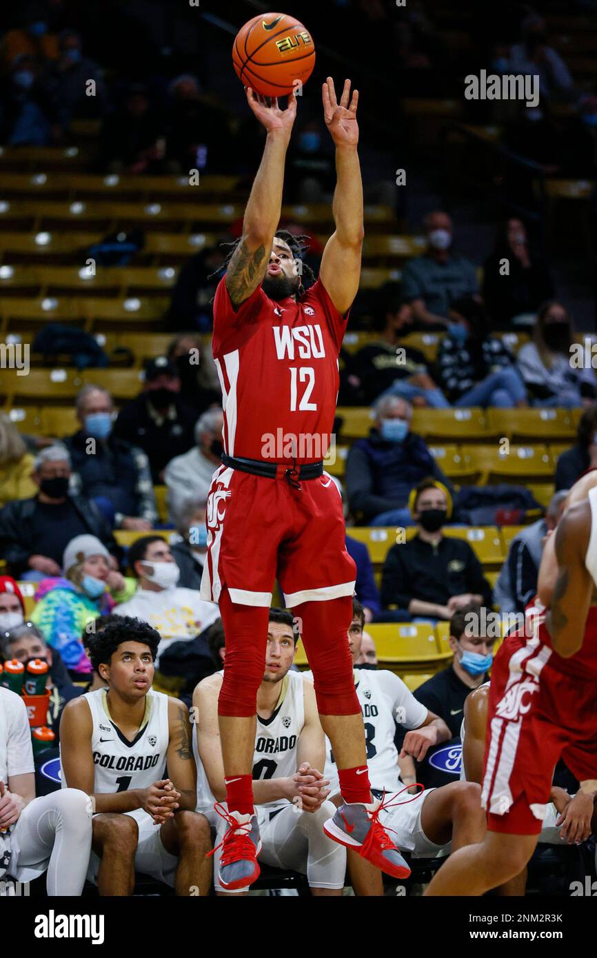 January 06, 2022: Washington State Cougars guard Michael Flowers (12) puts  up a shot in the mens basketball game between Colorado and Washington State  at the Coors Events center in Boulder, CO.