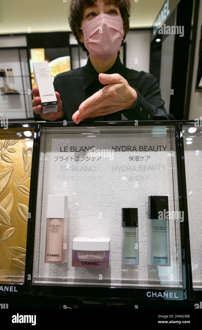 Chanel'ｓLe Blanc Serum HLCS and HLCC which were developed by the limited  liability company Chanel R&I and Kyoto University are sold at a shop in  Kyoto on Jan. 6, 2022. ( The