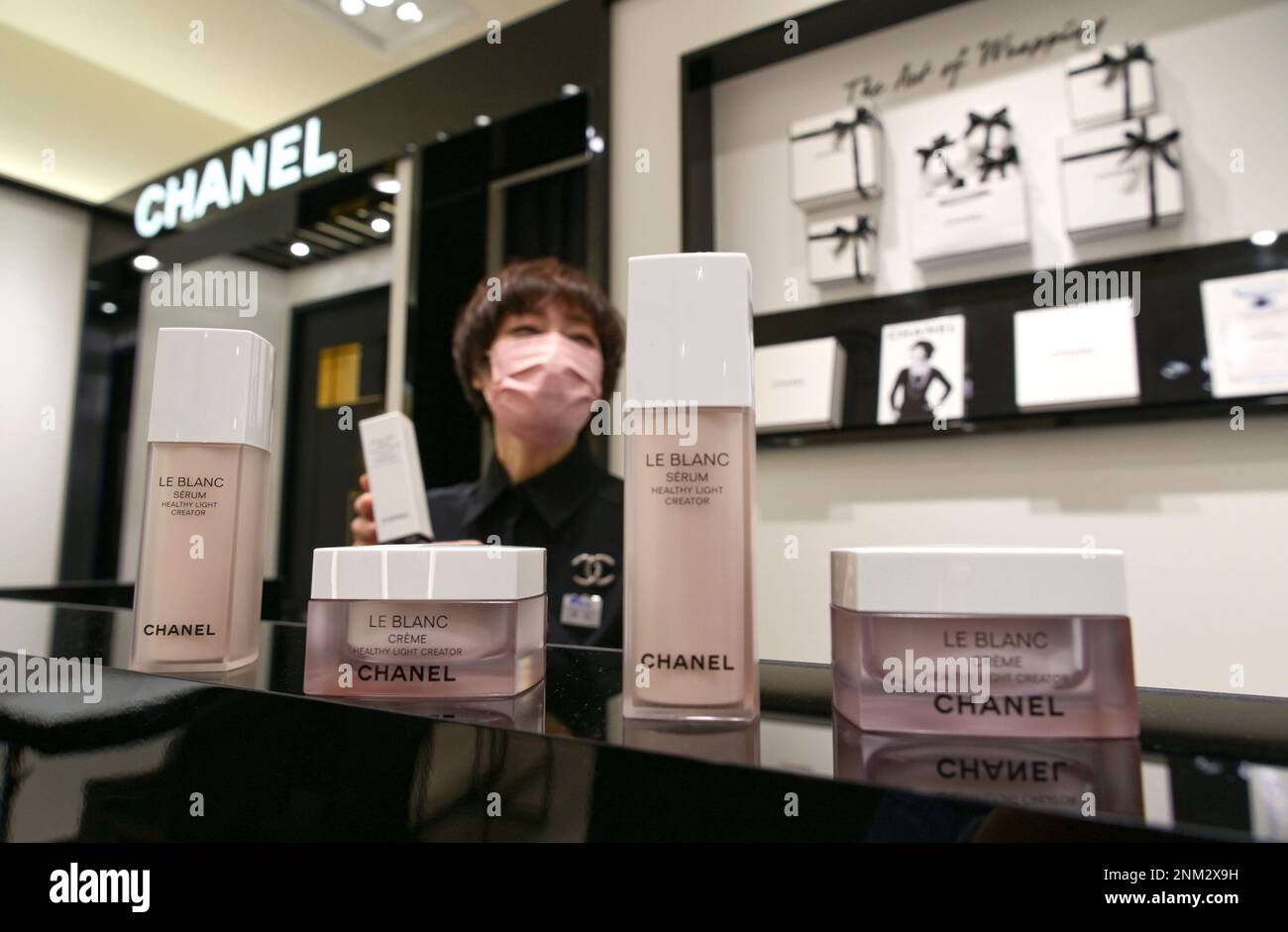 Chanel'ｓLe Blanc Serum HLCS and HLCC which were developed by the limited  liability company Chanel R&I and Kyoto University are sold at a shop in  Kyoto on Jan. 6, 2022. ( The
