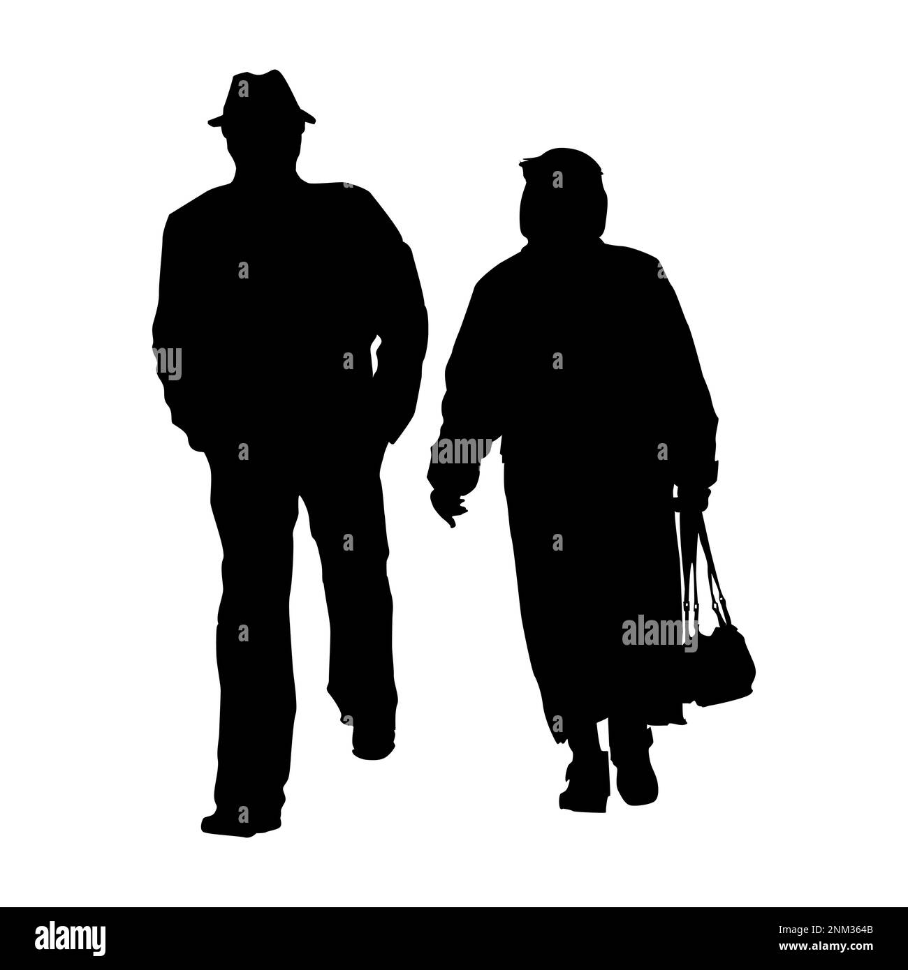 Senior silhouette.Old couple walk outdoor.Grandfather and grandmother together.Two elderly people walking along street.Mature pair.Vector illustration Stock Vector