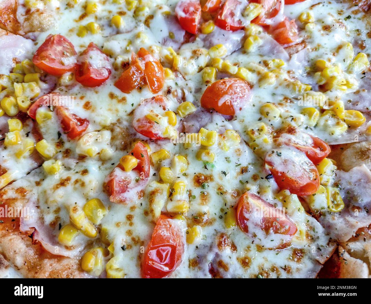 pizza with ham, mozzarella, corn and tomatoes Stock Photo