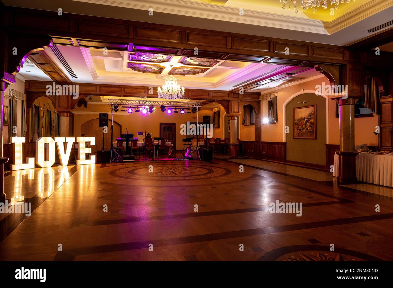 wedding hall interiors and decorations illuminated love inscription in ...