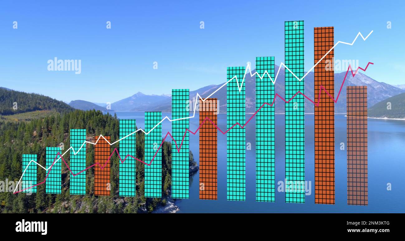 Image of data processing and diagram over landscape Stock Photo