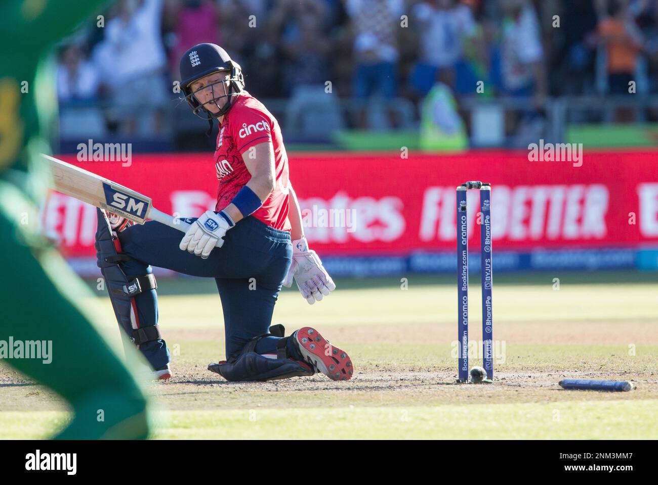Englands Heather Knight is bowled out against South Africa during the Womens T20 World Cup semi final cricket match in Cape Town, South Africa, Friday Feb