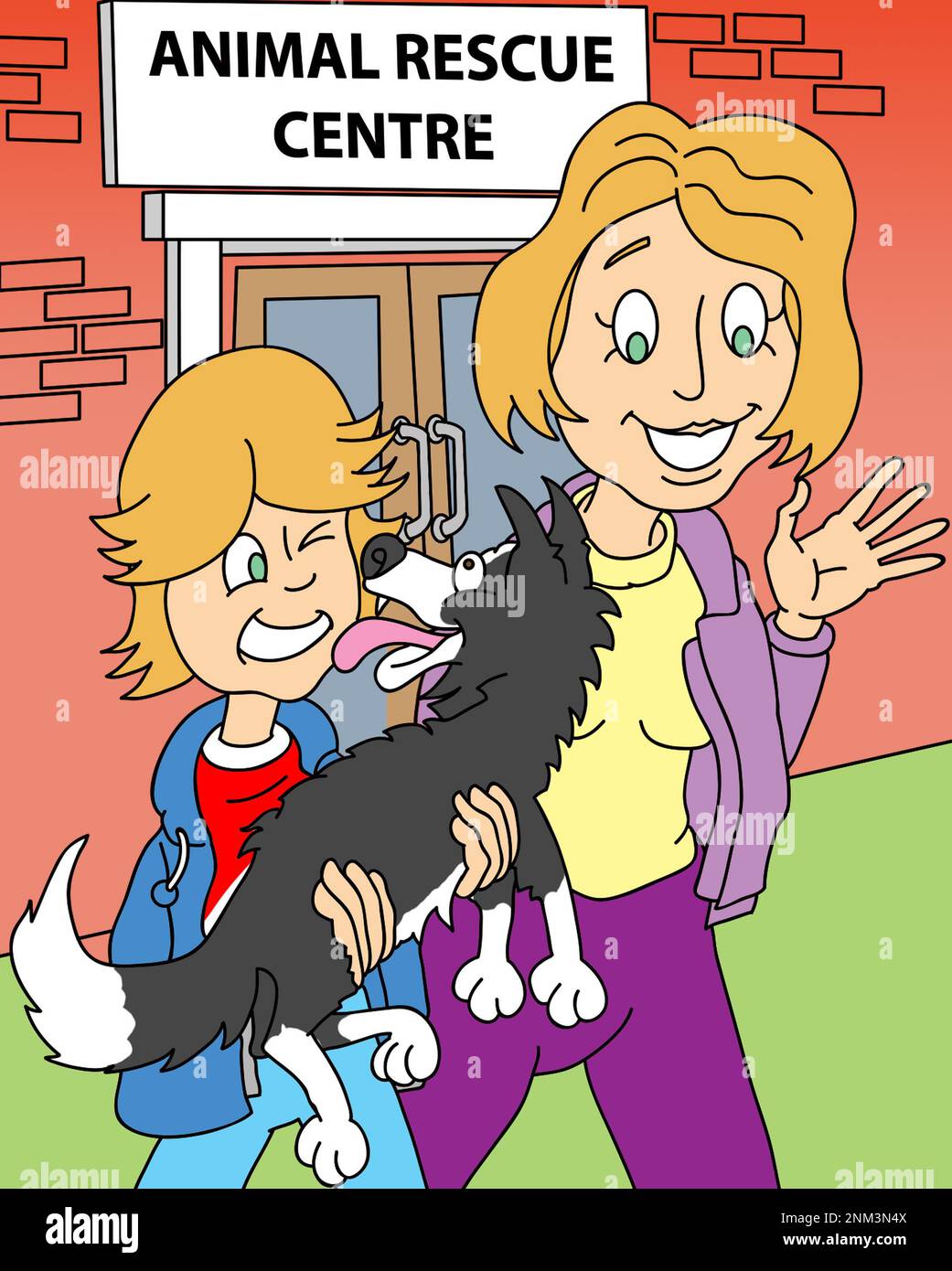 Art illustration of a happy boy holding a dog, standing with his mother, outside of an Animal Rescue Centre after adopting the dog. Adopt don't buy. Stock Photo