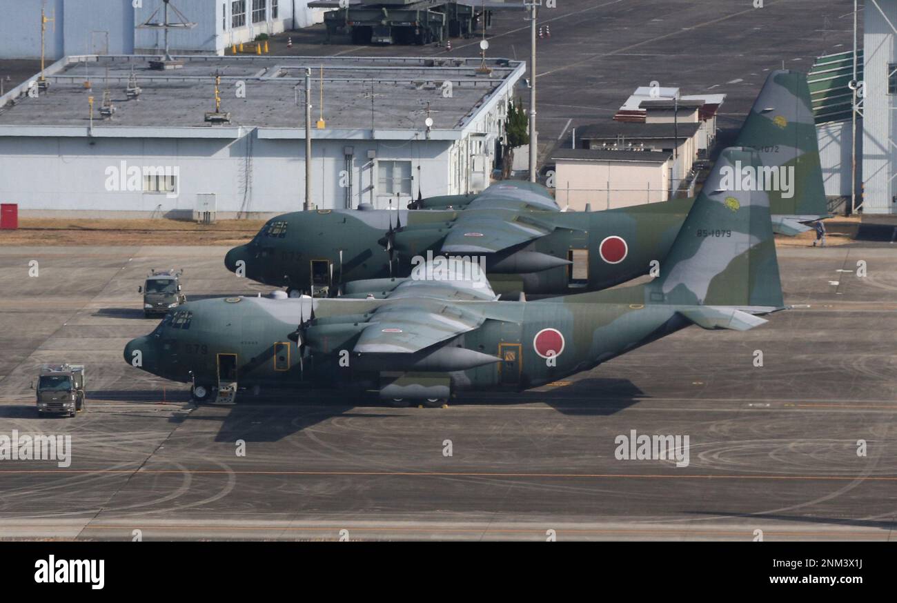 An aerial photo shows a military transport aircraft, C130 parking at ...