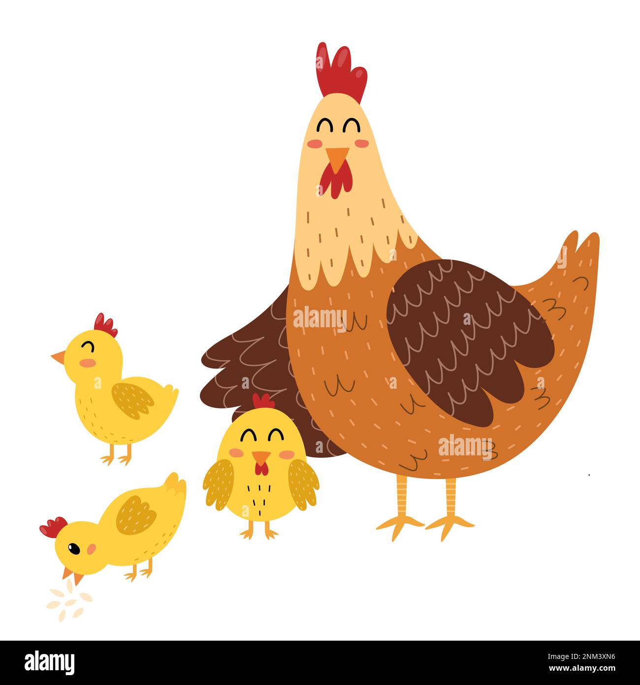 Mother hen with her baby chicks. Cute farm animal characters mom and her child Stock Vector