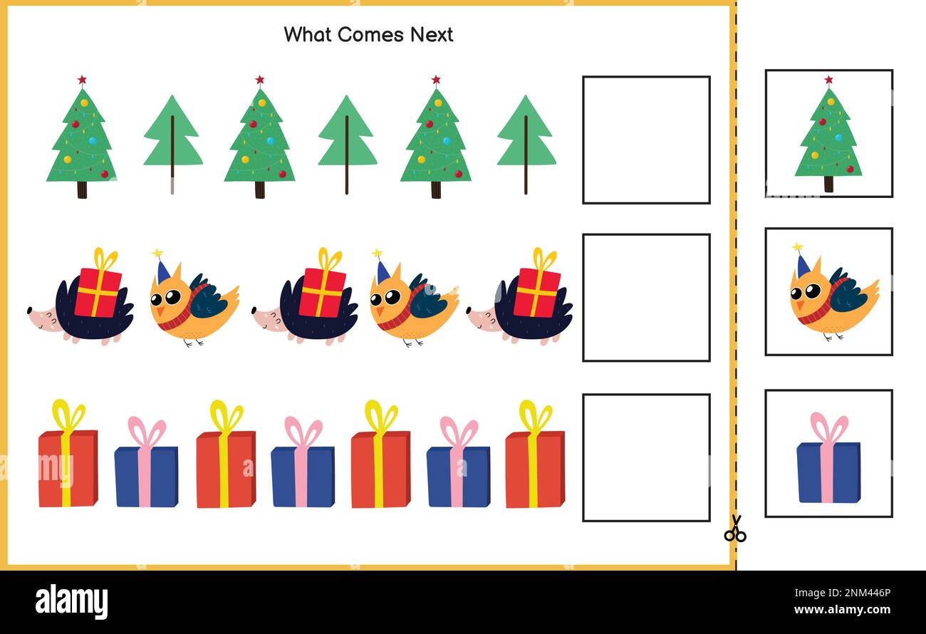 What Comes Next Christmas puzzle game. Cut and glue activity page for