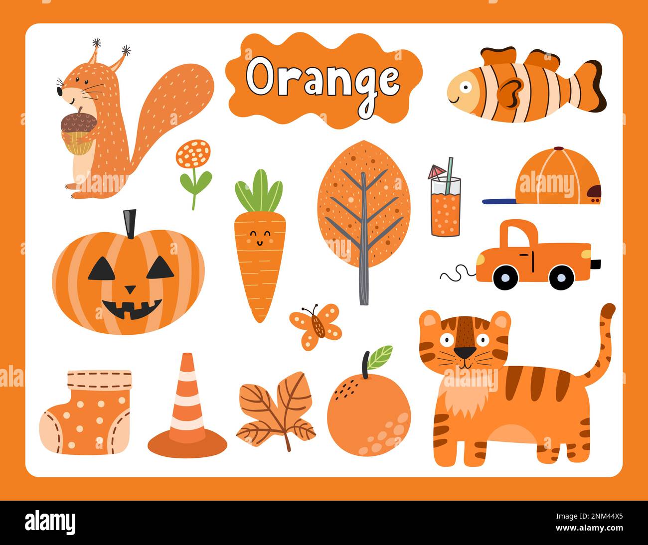 Set of orange color objects. Primary colors flashcard with orange