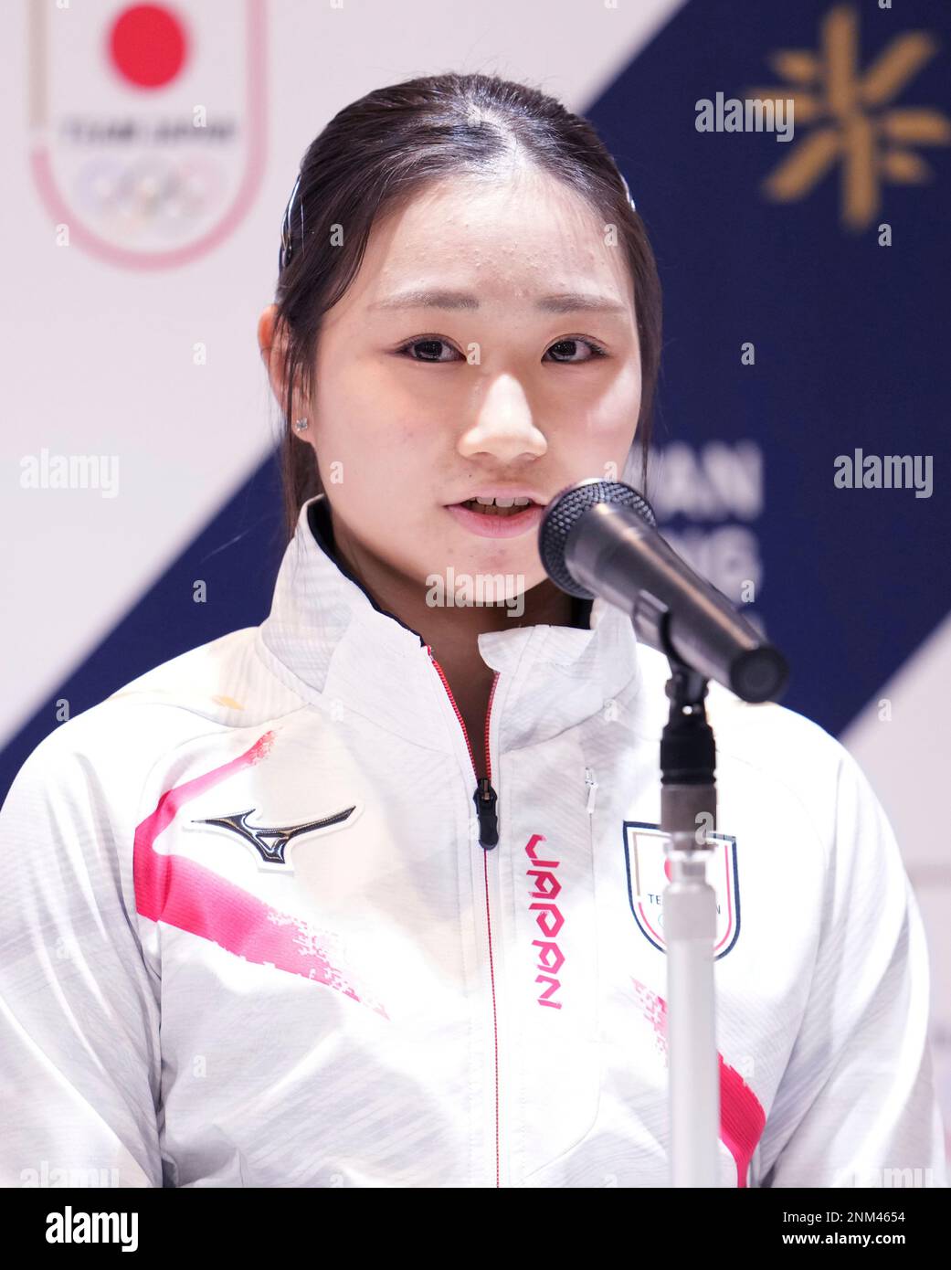 Japanese figure skater Kaori Sakamoto attends a press conference to speak  about Beijing Olympics after the All Japan Figure Skating Championships at  Saitama Super Arena on December 26, 2021. Sakamoto gets ticket