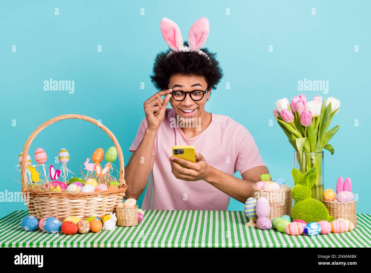 Photo of young surprised student wear rabbit ears touch glasses ...