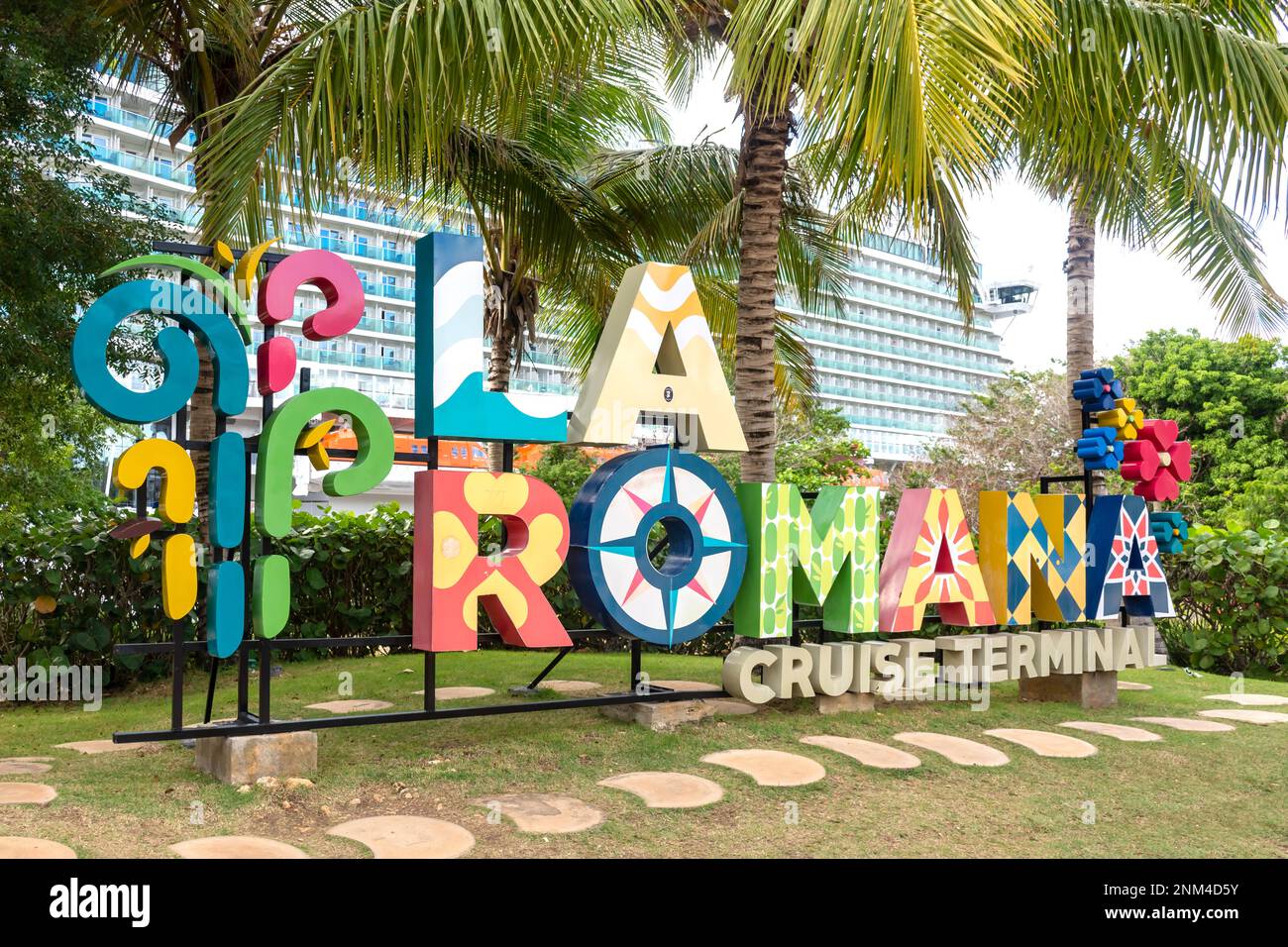 Welcome sign at La Romana Cruise Terminal, La Romana, Dominican Republic (Republica Dominicana), Greater Antilles, Caribbean Stock Photo