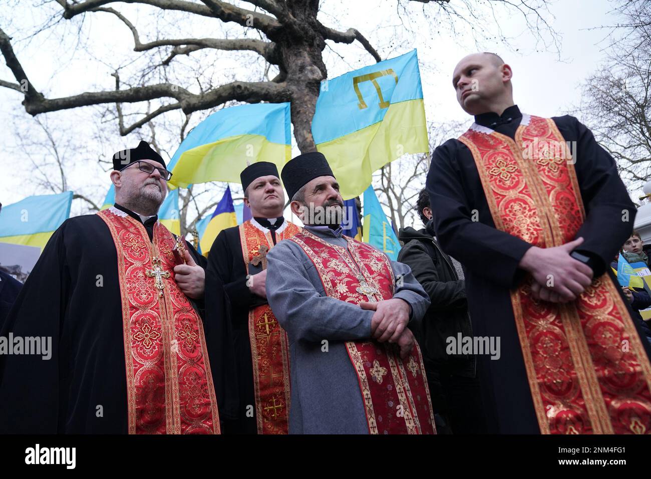 Orthodox priests gather next to the St. Volodymyr Statue in Holland
