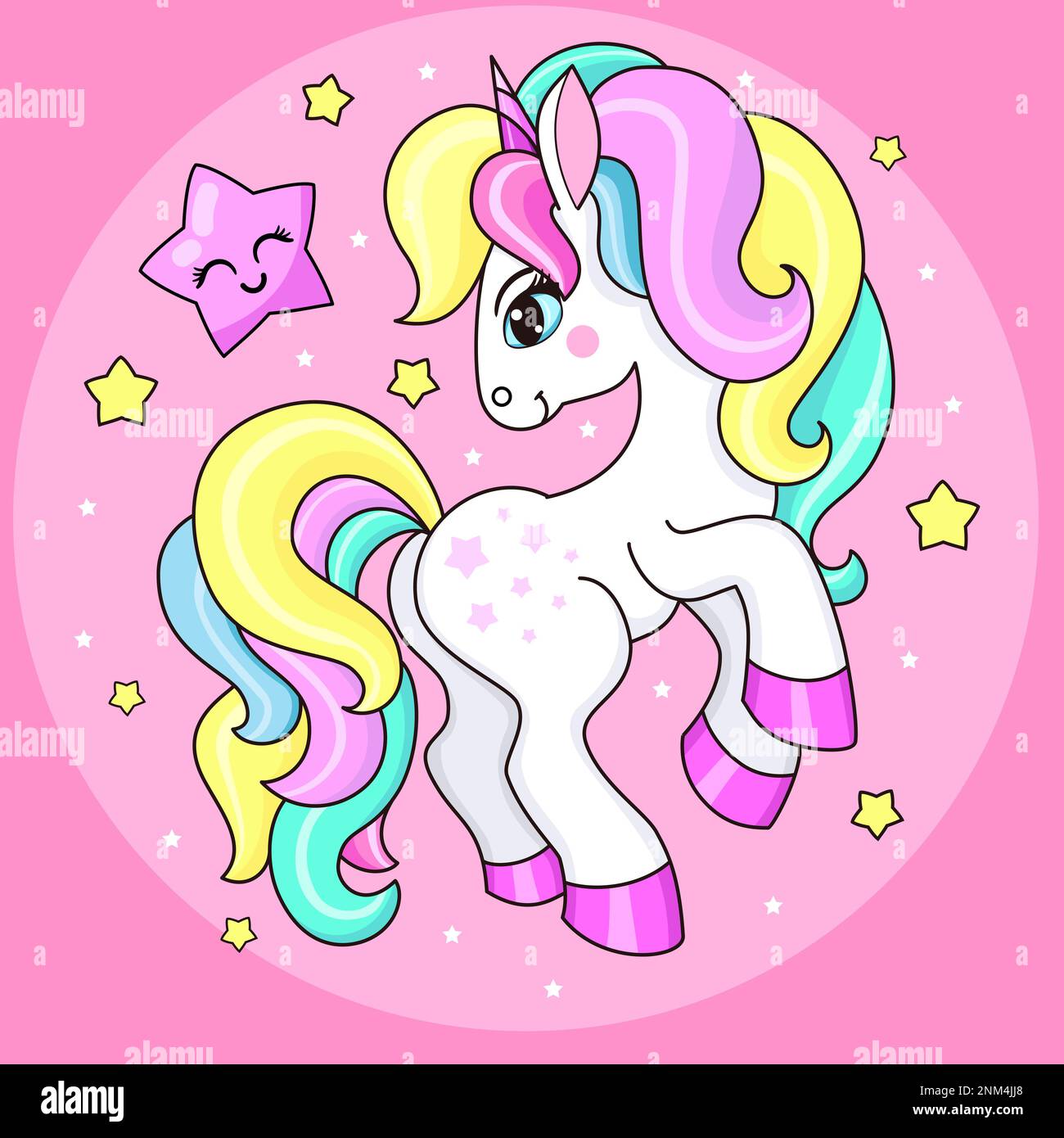 Funny unicorn with a rainbow mane. Vector illustration Stock Vector