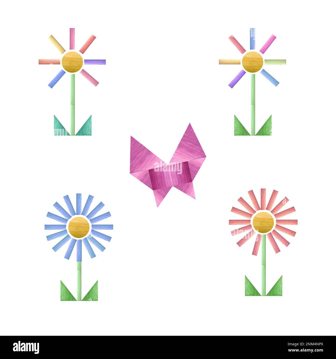 Set of watercolor tangram geometric flowers with butterfly isolated on white background. Eco-friendly materials baby toys. Print, poster, decor Stock Photo
