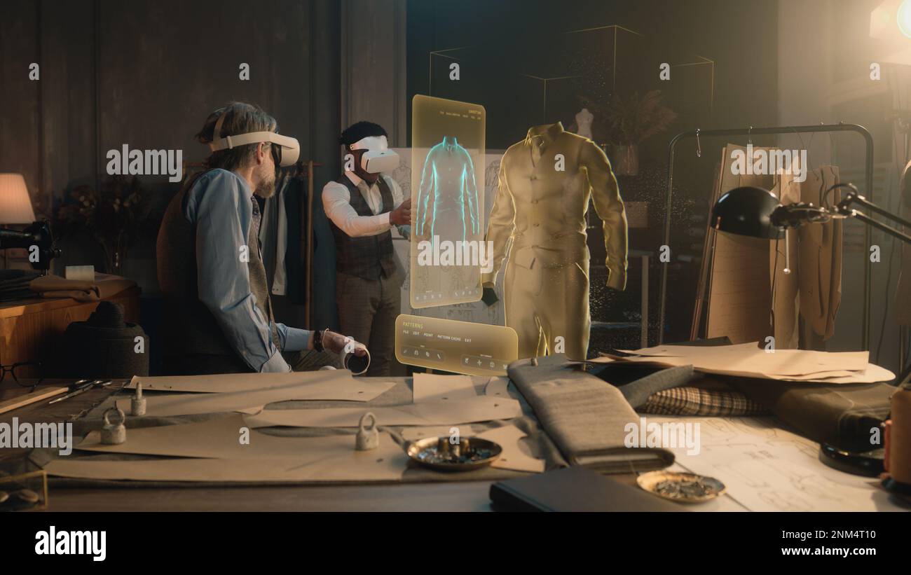 Tailor and male African American customer in VR headsets in atelier. 3D ...