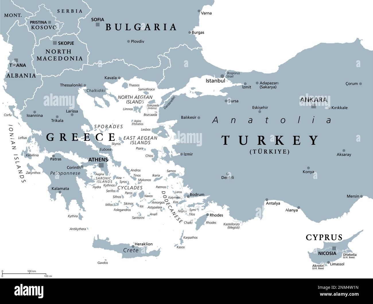 Aegean Sea region, with Aegean Islands, gray political map. An elongated embayment of the Mediterranean Sea, located between Europe and Asia. Stock Photo