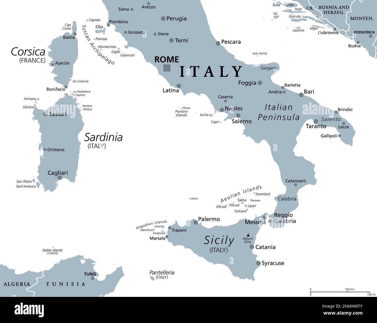 Southern Italy, Meridione or Mezzogiorno, gray political map. Macroregion of Italy consisting of its southern regions. Stock Photo