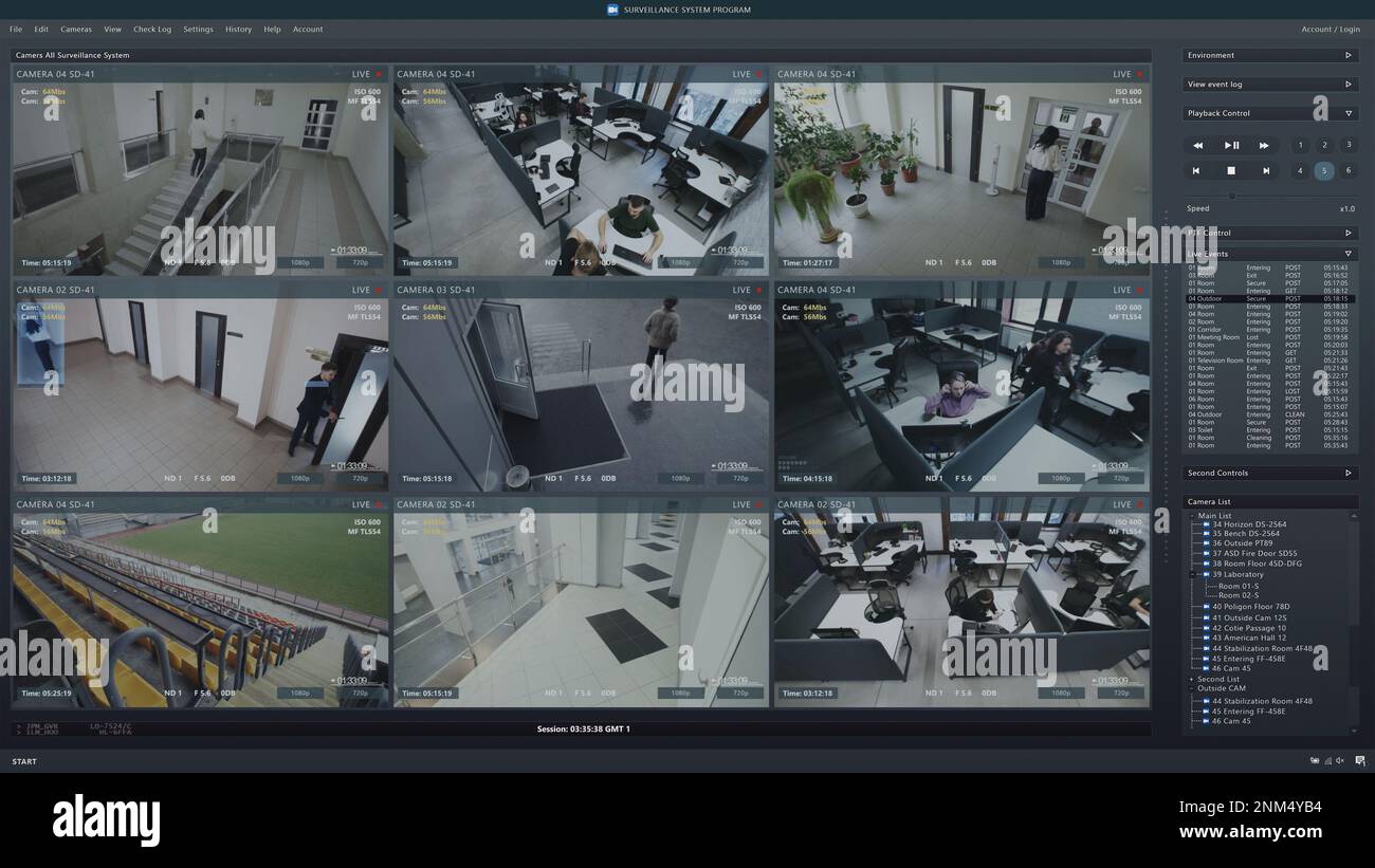 Playback CCTV cameras in office on computer screen. Surveillance interface with AI futuristic software and people recognition system. Security cameras. Concept of privacy, identification and tracking. Stock Photo
