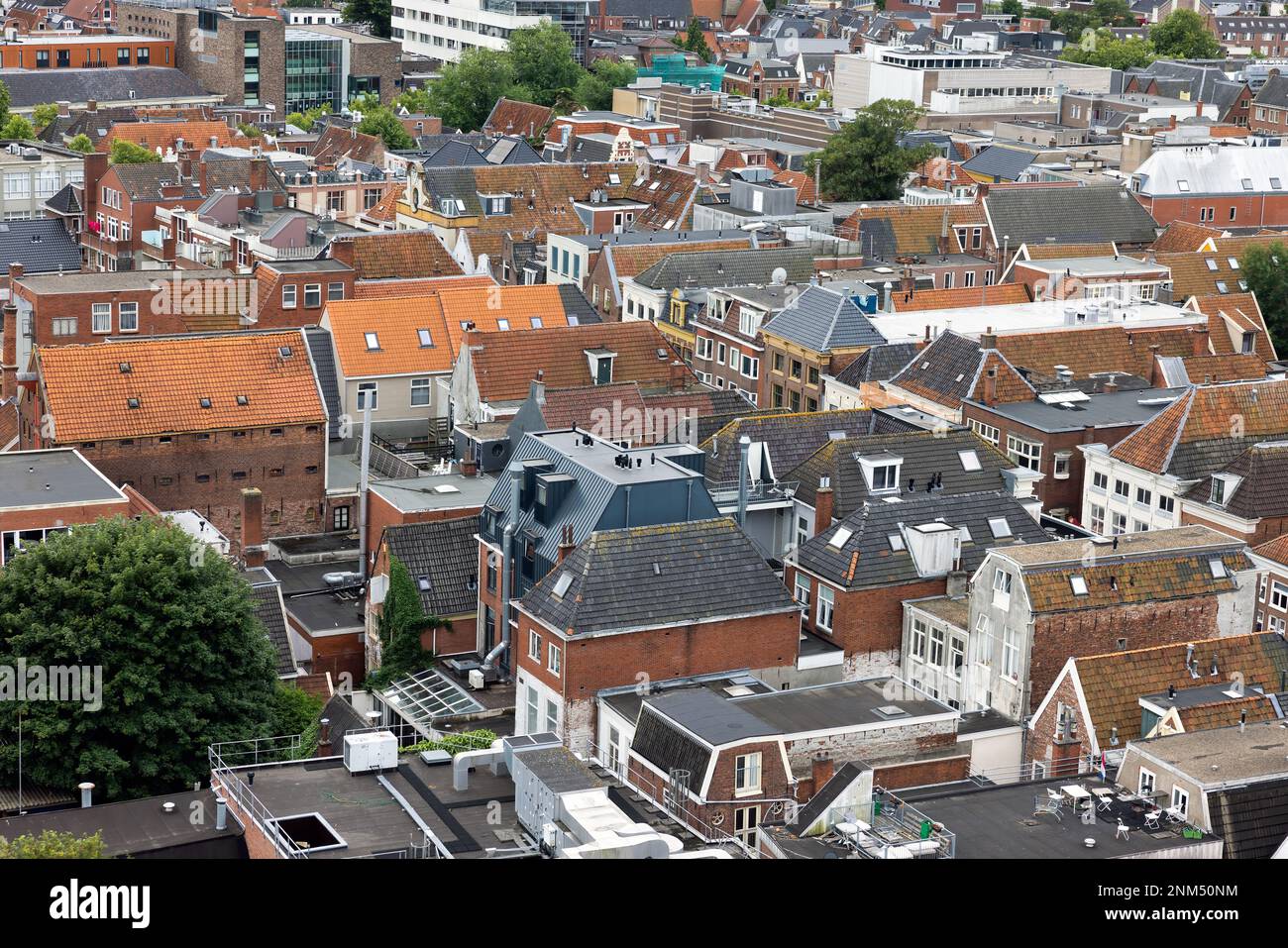 Aerial view rooftops residential area downtown Dutch medieval city