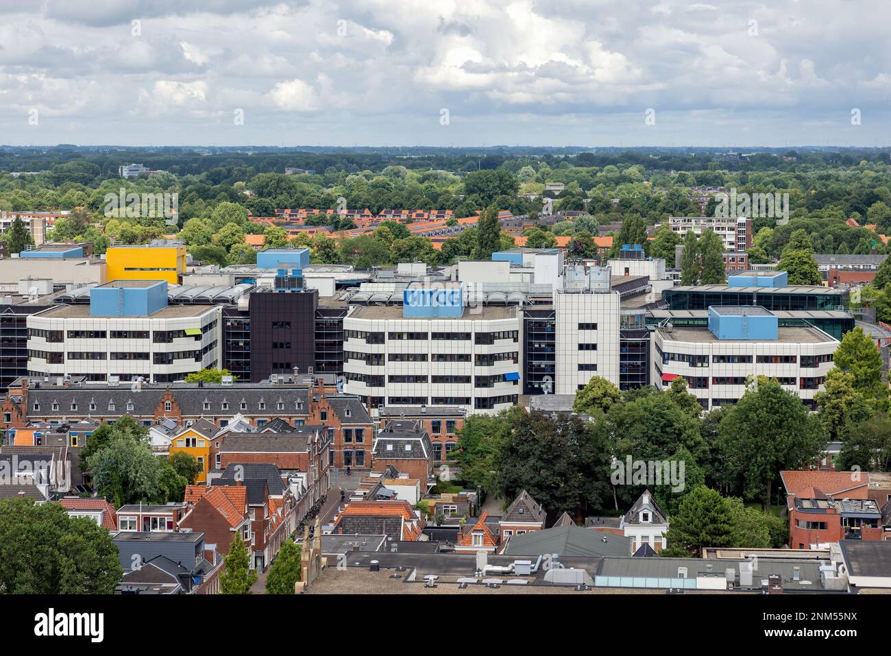 Skyline with aerial view rooftops and University Hospital - UMCG, University Medical Center Groningen - downtown Dutch medieval city Groningen Stock Photo
