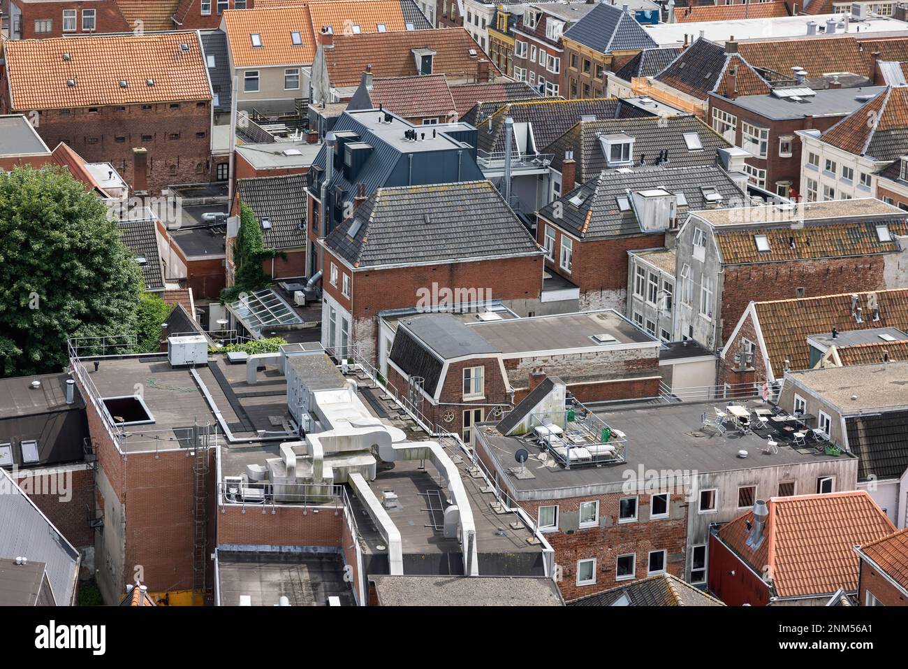 Aerial view rooftops residential area downtown Dutch medieval city