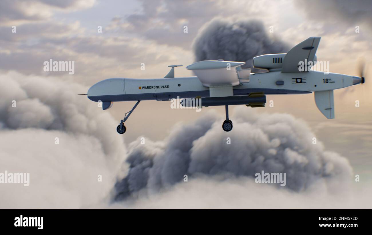 3D animation of military remotely-piloted drone flight. Combat drone launches missiles to hit military targets. Cloudy sky on background. Concept of using modern UAV technology for military battles. Stock Photo