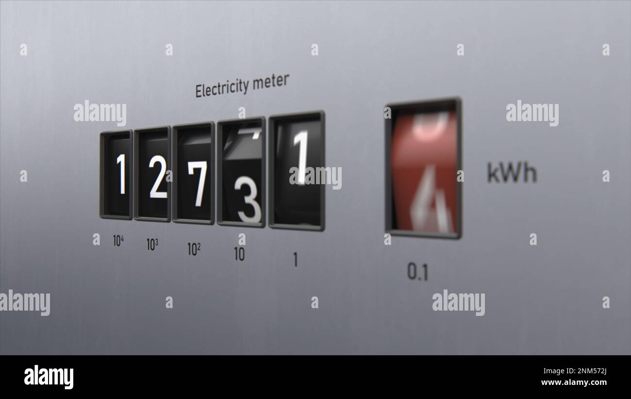 3D animation of electricity meter. Closeup view of kWh counter