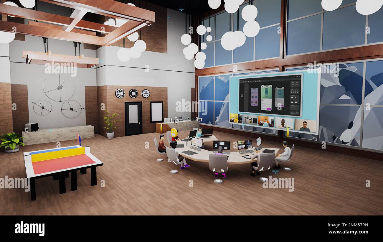 3d render of business conference in futuristic virtual office with ...