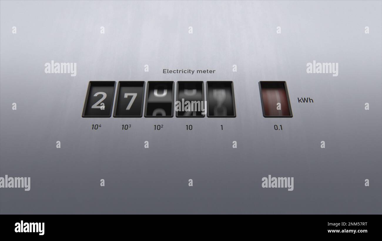 3D animation of electricity meter. Closeup view of kWh counter