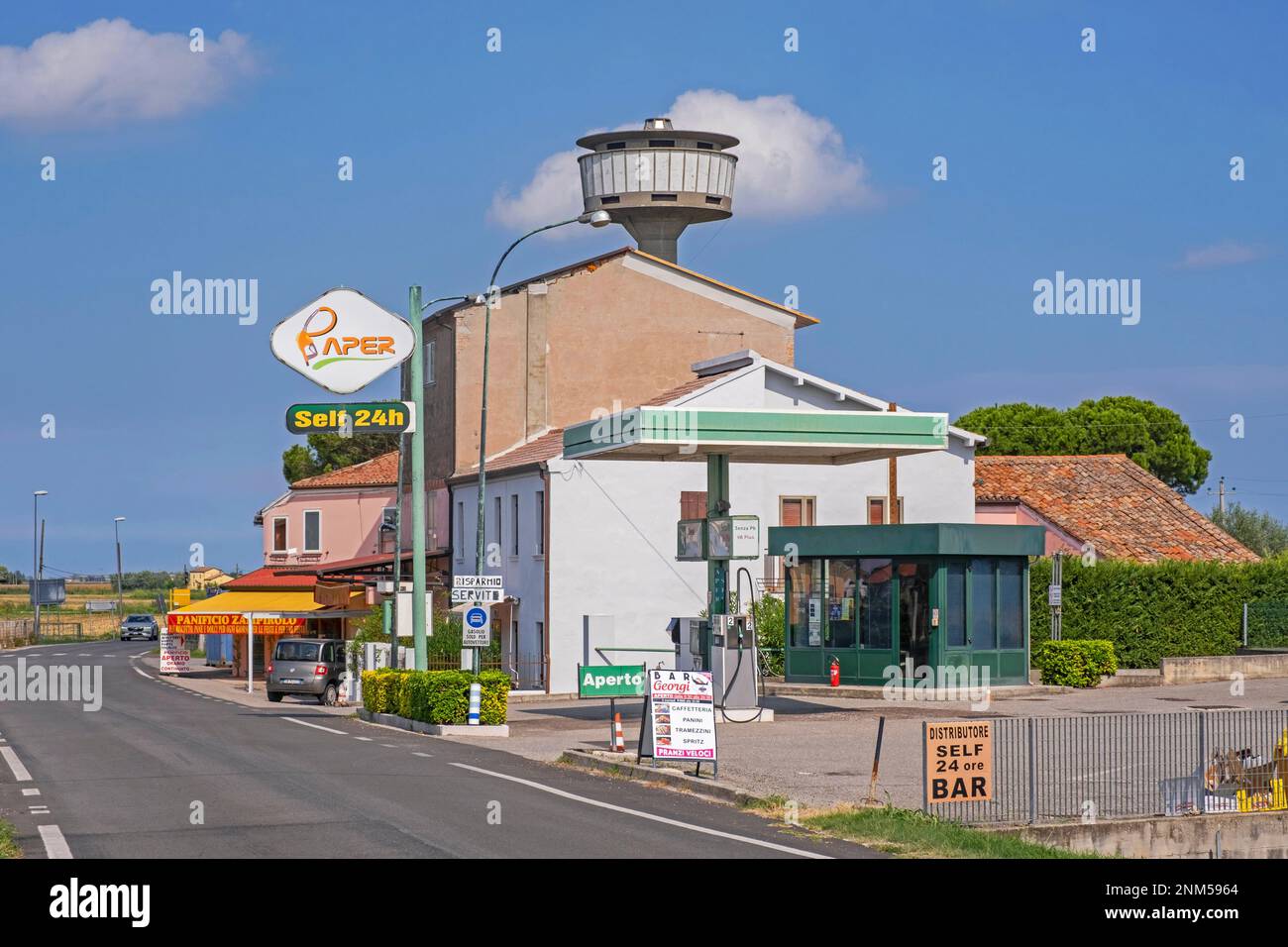 Self-service petrol station / gas station in the Po Delta south of Chioggia, Veneto region of northern Italy Stock Photo