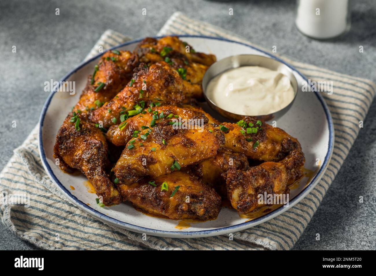 Homemade Nashville Hot Chicken Wings with Ranch Dressing Stock Photo