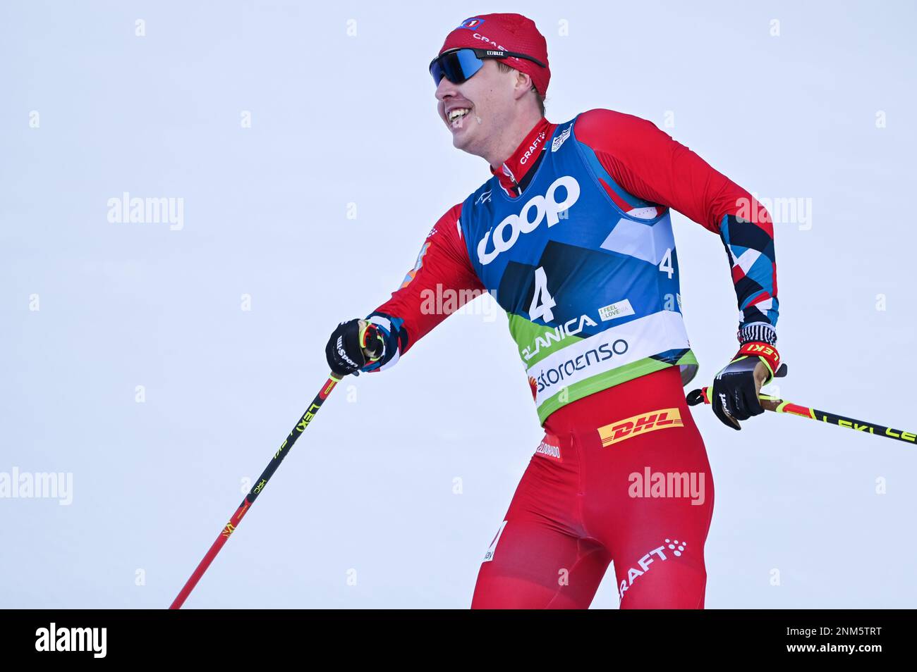 Norway's Simen Hegstad Krueger after crossing thew finish line to win