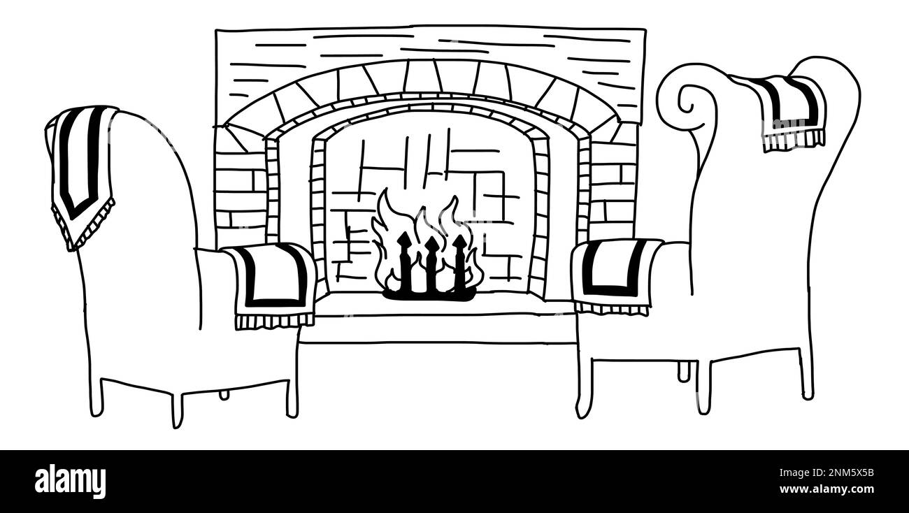 Armchairs with fireplace in outline doodle style. Vector illustration isolated on white background. Stock Vector